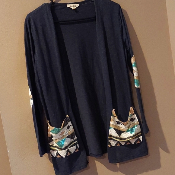 Navy Blue Sequin Patch Pocket Cardigan Medium - Picture 1 of 6